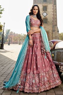 Picture of Dazzling Rose Gold Georgette Designer Indo-Western Lehenga Choli for Engagement, Wedding, and Reception