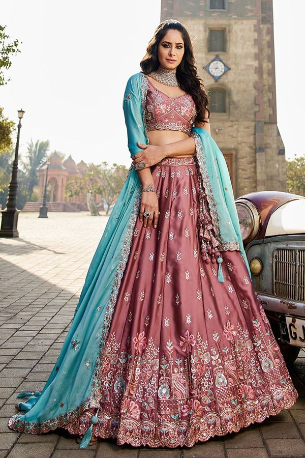 Picture of Dazzling Rose Gold Georgette Designer Indo-Western Lehenga Choli for Engagement, Wedding, and Reception
