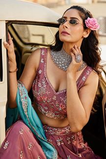 Picture of Dazzling Rose Gold Georgette Designer Indo-Western Lehenga Choli for Engagement, Wedding, and Reception
