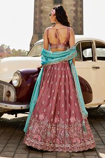 Picture of Dazzling Rose Gold Georgette Designer Indo-Western Lehenga Choli for Engagement, Wedding, and Reception