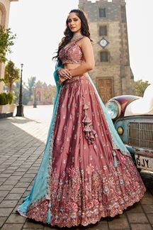 Picture of Dazzling Rose Gold Georgette Designer Indo-Western Lehenga Choli for Engagement, Wedding, and Reception