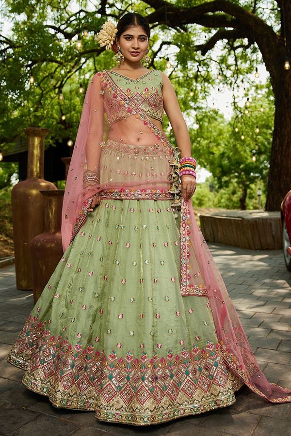 Picture of Mesmerizing Lime Green Designer Indo-Western Lehenga Choli for Engagement, Mehendi, and Reception