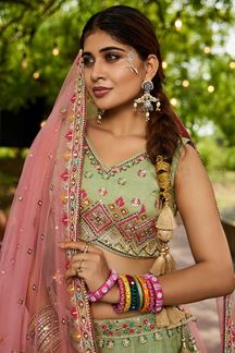 Picture of Mesmerizing Lime Green Designer Indo-Western Lehenga Choli for Engagement, Mehendi, and Reception