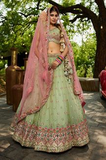 Picture of Mesmerizing Lime Green Designer Indo-Western Lehenga Choli for Engagement, Mehendi, and Reception