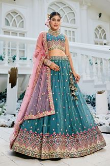 Picture of Classy Teal Designer Indo-Western Lehenga Choli for Engagement, Wedding, and Reception