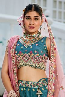 Picture of Classy Teal Designer Indo-Western Lehenga Choli for Engagement, Wedding, and Reception