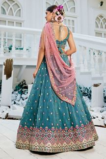 Picture of Classy Teal Designer Indo-Western Lehenga Choli for Engagement, Wedding, and Reception