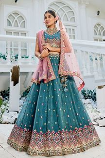 Picture of Classy Teal Designer Indo-Western Lehenga Choli for Engagement, Wedding, and Reception