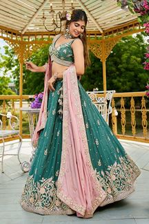 Picture of Delightful Teal Designer Indo-Western Lehenga Choli for Engagement, Wedding, and Reception