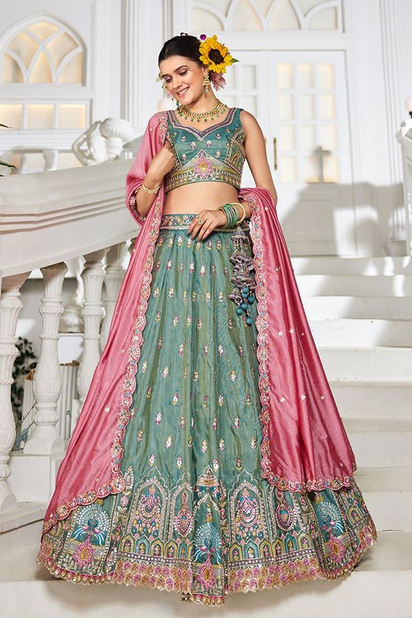 Picture of Charming Sea Green Designer Indo-Western Lehenga Choli for Engagement, Wedding, and Reception
