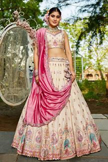 Picture of Glorious Cream Designer Indo-Western Lehenga Choli for Engagement, Wedding, and Reception