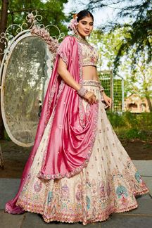 Picture of Glorious Cream Designer Indo-Western Lehenga Choli for Engagement, Wedding, and Reception