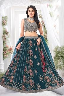 Picture of Artistic Teal Designer Indo-Western Lehenga Choli for Engagement, Reception, and Pre-Wedding Shoot