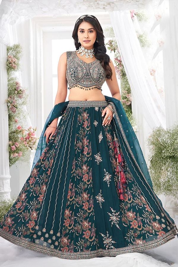 Picture of Artistic Teal Designer Indo-Western Lehenga Choli for Engagement, Reception, and Pre-Wedding Shoot