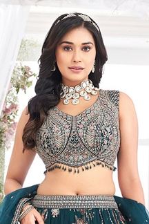 Picture of Artistic Teal Designer Indo-Western Lehenga Choli for Engagement, Reception, and Pre-Wedding Shoot