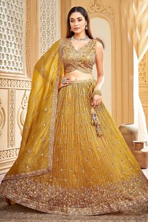 Picture of Classy Mustard Designer Indo-Western Lehenga Choli for Haldi, Reception, and Pre-Wedding Shoot
