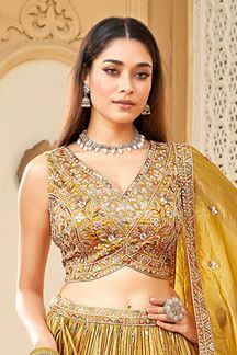 Picture of Classy Mustard Designer Indo-Western Lehenga Choli for Haldi, Reception, and Pre-Wedding Shoot