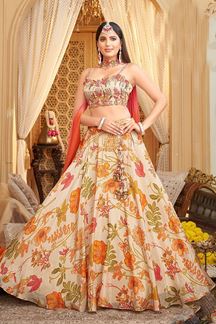 Picture of Enticing Peach Silk Designer Indo-Western Lehenga Choli for Engagement, Reception, and Sangeet