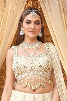 Picture of Irresistible Cream Designer Indo-Western Lehenga Choli for Engagement, Reception, and Sangeet