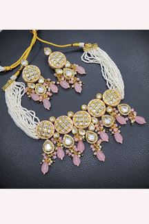 Picture of  Appealing Baby Pink Designer Necklace Set for Wedding, Reception, and Festivals
