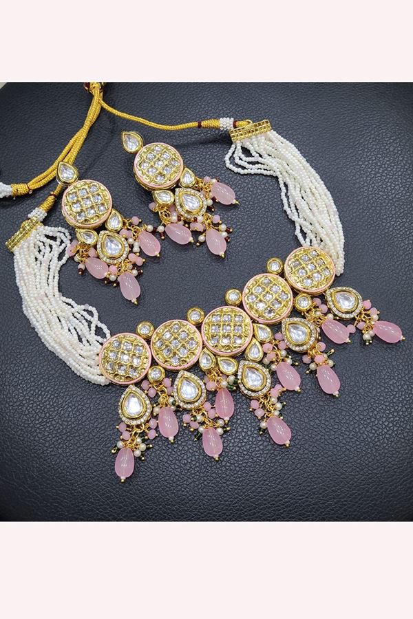 Picture of  Appealing Baby Pink Designer Necklace Set for Wedding, Reception, and Festivals