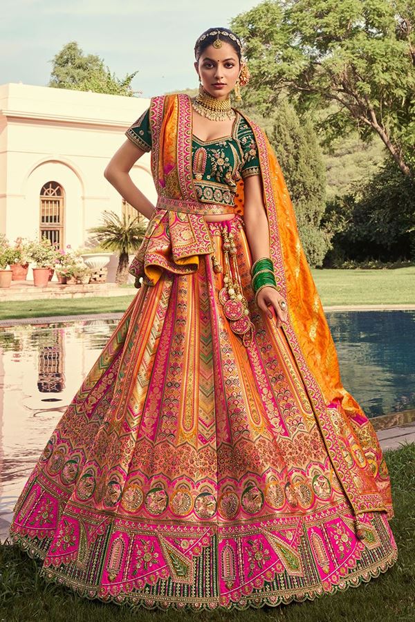 Picture of Captivating Pink, Orange, and Green Designer Bridal Lehenga Choli for Wedding and Reception