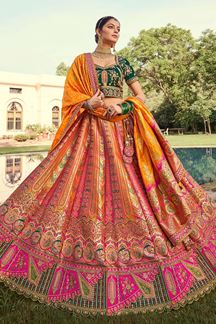 Picture of Captivating Pink, Orange, and Green Designer Bridal Lehenga Choli for Wedding and Reception