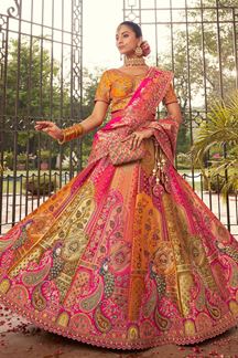 Picture of Smashing Pink and Orange Designer Bridal Lehenga Choli for Wedding and Reception