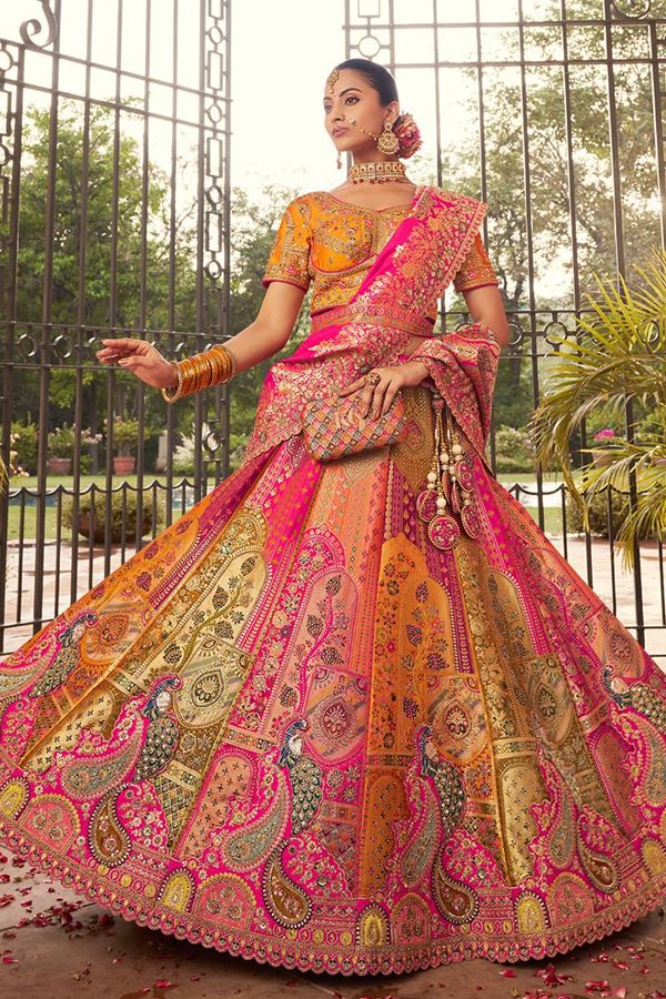 Picture of Smashing Pink and Orange Designer Bridal Lehenga Choli for Wedding and Reception
