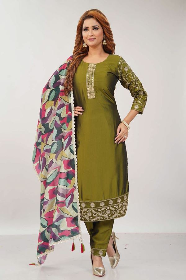 Picture of Smashing Olive Green Designer Straight Cut Suit for Mehendi, Sangeet, and Parties