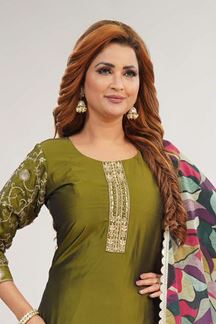 Picture of Smashing Olive Green Designer Straight Cut Suit for Mehendi, Sangeet, and Parties