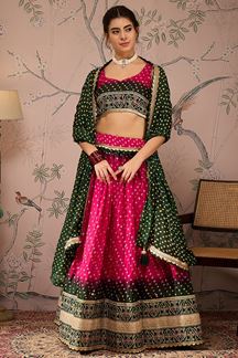 Picture of Mesmerizing Pink and Dark Green Designer Lehenga Choli for Navratri Festival, Sangeet, and Parties