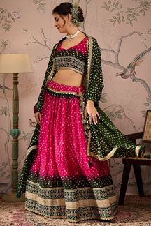 Picture of Mesmerizing Pink and Dark Green Designer Lehenga Choli for Navratri Festival, Sangeet, and Parties