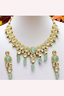 Picture of  Glamorous Mint Green Designer Wedding Necklace Set for Engagement, Wedding, and Reception