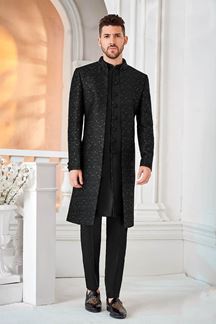 Picture of Classy Black Designer Men’s Indo-Western Sherwani for Engagement, Reception, and Sangeet