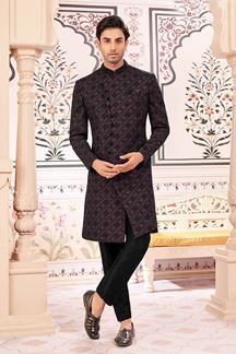 Picture of Exuberant Wine and Black Designer Men’s Indo-Western Sherwani for Engagement, Reception, and Sangeet