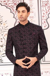 Picture of Exuberant Wine and Black Designer Men’s Indo-Western Sherwani for Engagement, Reception, and Sangeet