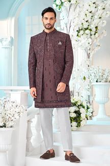 Picture of Delightful Wine Designer Men’s Indo-Western Sherwani for Engagement, Reception, and Sangeet