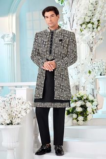Picture of Magnificent Cream and Black Designer Men’s Indo-Western Sherwani for Engagement, Reception, and Sangeet