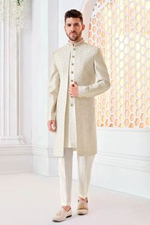 Picture of Appealing Cream Designer Men’s Indo-Western Sherwani for Engagement, Reception, and Sangeet