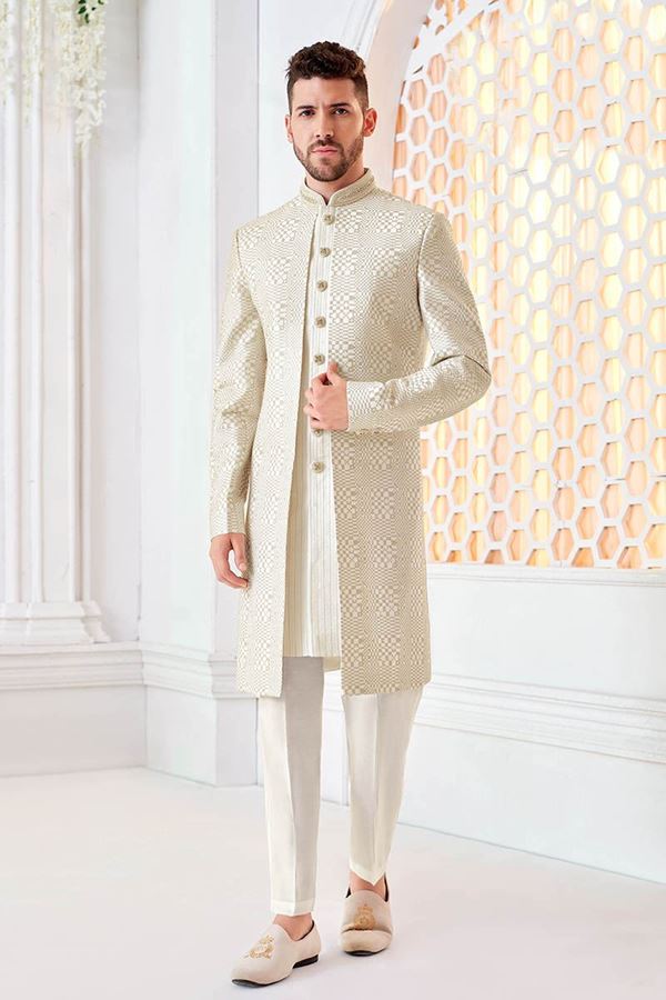 Picture of Appealing Cream Designer Men’s Indo-Western Sherwani for Engagement, Reception, and Sangeet
