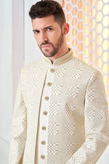 Picture of Appealing Cream Designer Men’s Indo-Western Sherwani for Engagement, Reception, and Sangeet