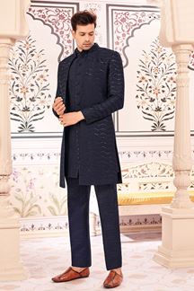 Picture of Majestic Navy Blue Designer Men’s Indo-Western Sherwani for Engagement, Reception, and Sangeet