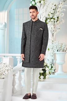 Picture of Spectacular Grey Designer Men’s Indo-Western Sherwani for Engagement, Reception, and Sangeet