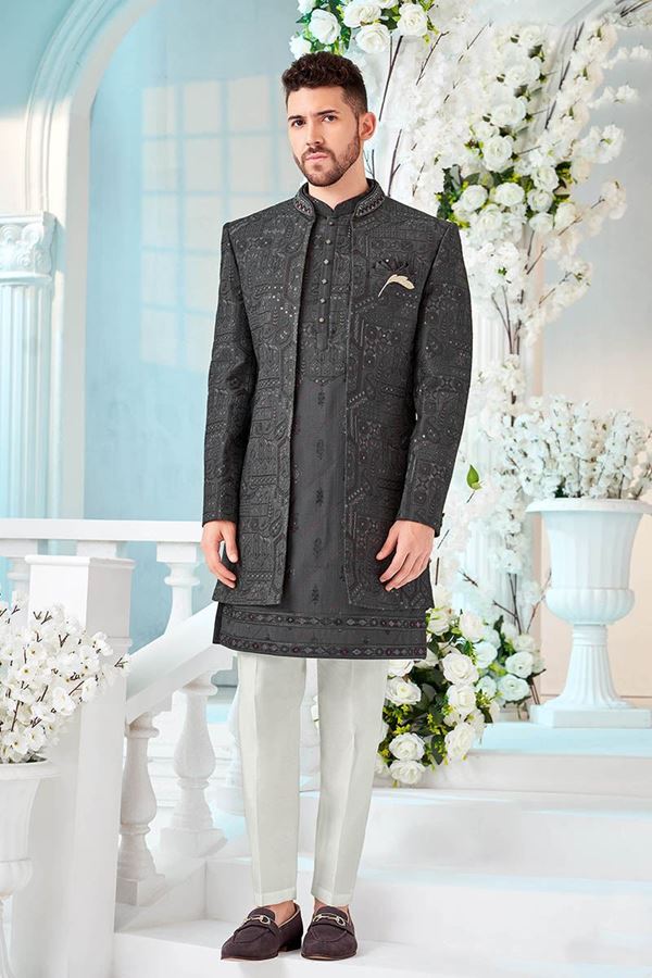 Picture of Spectacular Grey Designer Men’s Indo-Western Sherwani for Engagement, Reception, and Sangeet