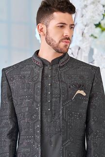 Picture of Spectacular Grey Designer Men’s Indo-Western Sherwani for Engagement, Reception, and Sangeet