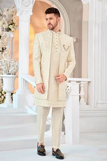 Picture of Charismatic Cream Designer Men’s Indo-Western Sherwani for Engagement, Reception, and Sangeet