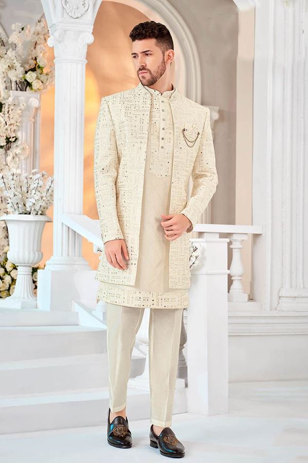 Picture of Charismatic Cream Designer Men’s Indo-Western Sherwani for Engagement, Reception, and Sangeet