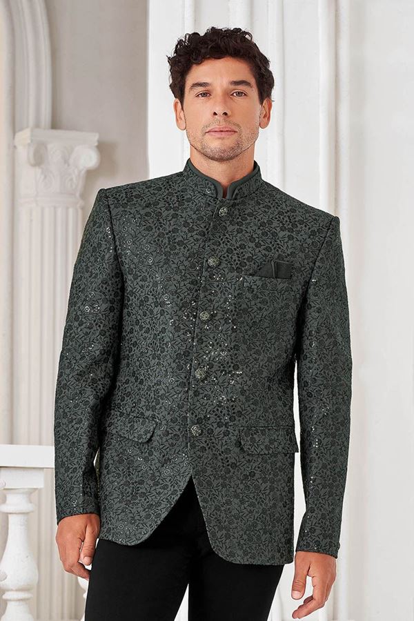 Picture of Dashing Grey and Black Designer Men’s Bandhgala for Engagement, Reception, and Sangeet