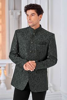 Picture of Dashing Grey and Black Designer Men’s Bandhgala for Engagement, Reception, and Sangeet